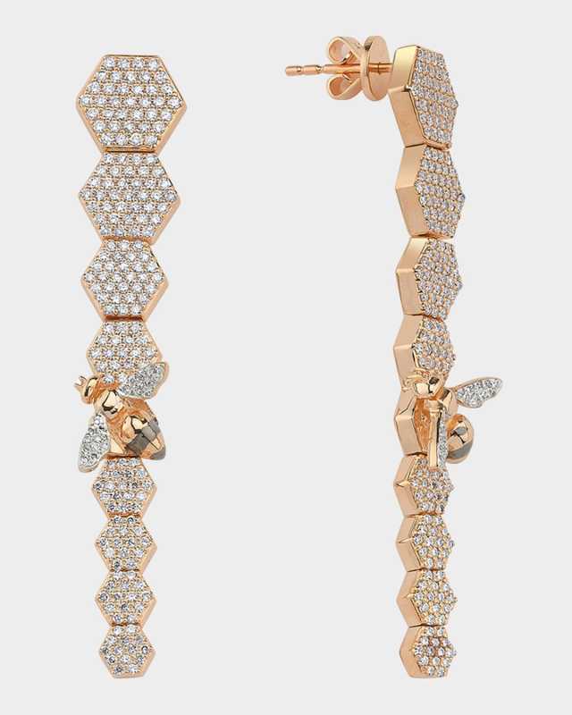 14k Rose Gold Long Bee & Honeycomb Drop Earrings
